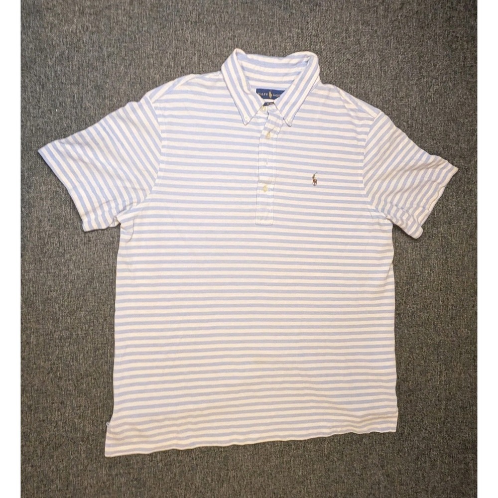 Ralph Lauren Knit Oxford Polon Shirt Mens XL Blue White Striped Tee Pony Logo